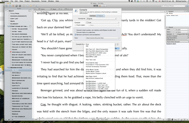 A screenshot of my latest novel with the compile sub menu displayed